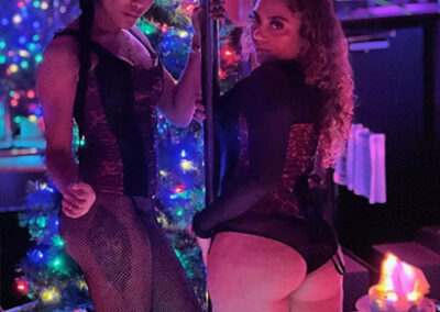 Two dancers posing while holding a pole at stripper poll